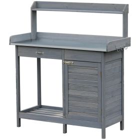 Potting Bench Table Grey with Storage Cabinet Open Shelf Steel Tabletop Garden Workstation