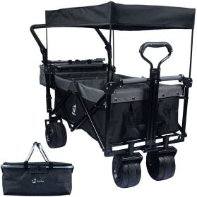 Collapsible Wagon Heavy Duty Folding Wagon Cart with Removable Canopy, 4" Wide Large All Terrain Wheels, Brake, Adjustable Handles